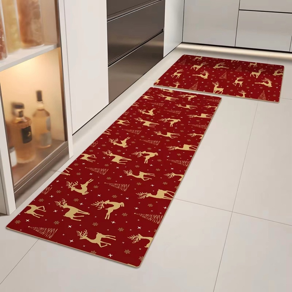 2Pcs Red Reindeer Christmas Kitchen Mat Set Non Slip Rug Holiday Floor Decor
